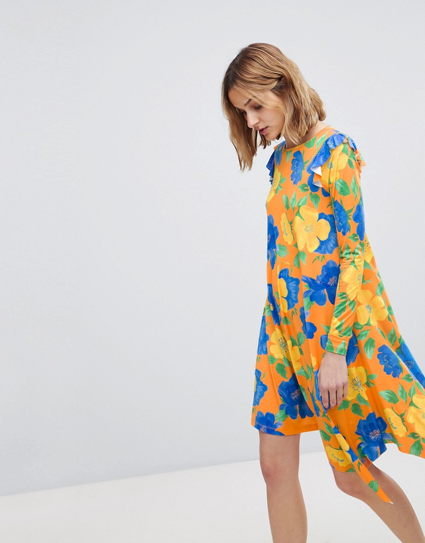 Asos Design - Asos - mini-jurk met asymmetrische zoom in felle bloemenprint-multi