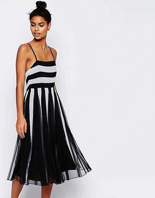 ASOS Mono Mesh Fit And Flare Strappy Midi Dress With Low Back