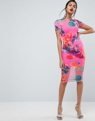 ASOS - Mönstrad meddellång klänning i mesh med detalj-Flerfärgad
