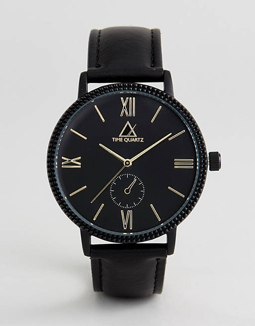 ASOS - Montre avec bracelet en similicuir noir et détails dorés - Noir