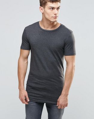 ASOS – Mörkgråmelerad T-shirt med muscle fit i lång modell