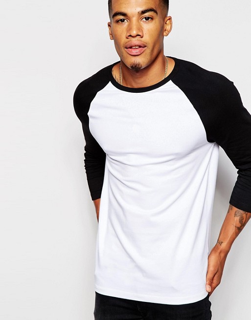 ASOS | ASOS Muscle 3/4 Sleeve T-Shirt With Contrast Raglan Sleeves In White