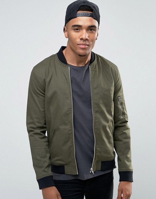 ASOS | ASOS Muscle Fit Bomber Jacket With MA1 Pocket in Khaki
