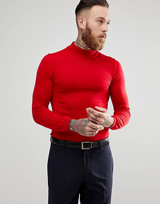 ASOS Muscle Fit Merino Turtleneck Sweater In Red | ASOS
