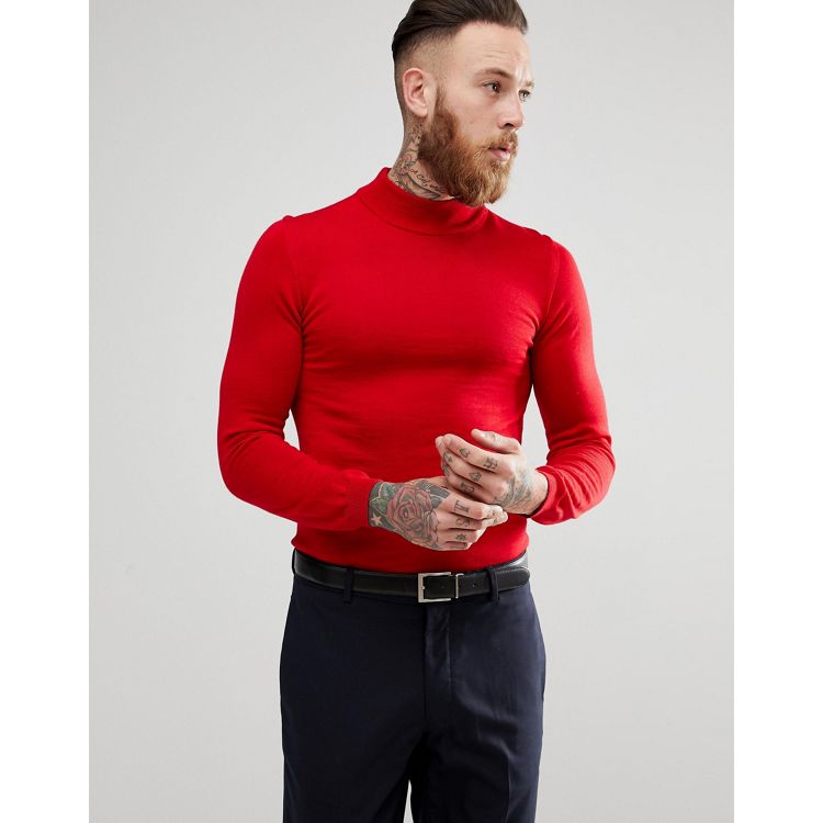 ASOS Muscle Fit Merino Turtleneck Sweater In Red | ASOS