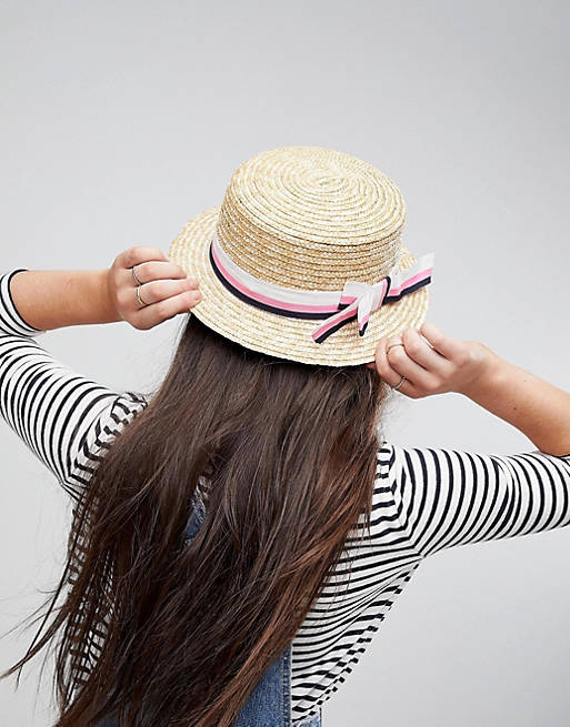 ASOS Natural Straw Short Brim Boater with Stripe Bow and Size Adjuster