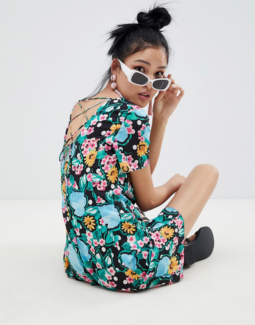 ASOS - Nette mini-jurk met knopenrij en stippen- en bloemenprint-Multi