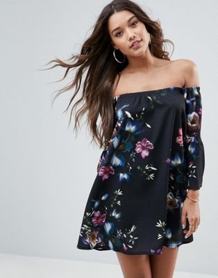ASOS Off Shoulder Dress with Bell Sleeve in Dark Based Floral Print-Multi