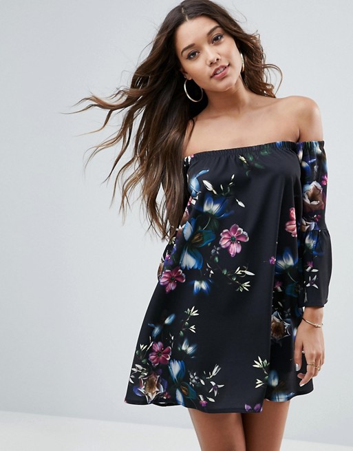 ASOS | ASOS Off Shoulder Dress with Bell Sleeve in Dark Based Floral Print