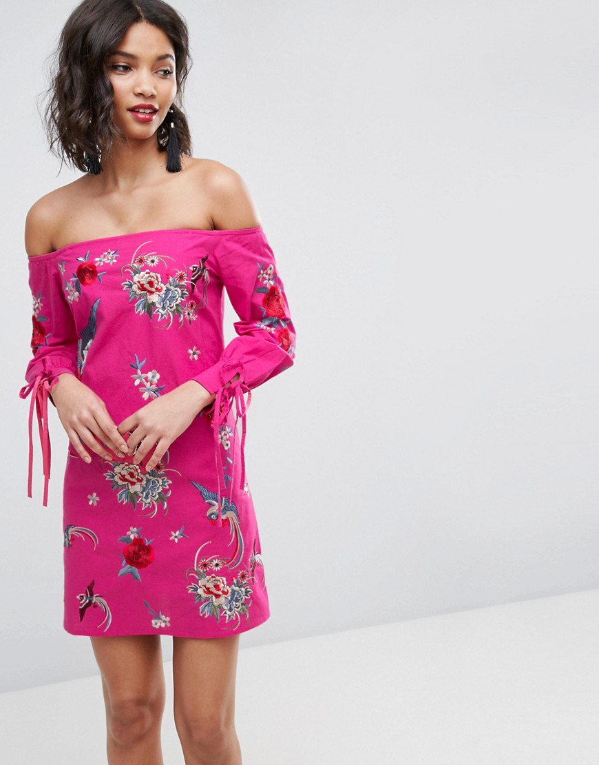 ASOS Off Shoulder Embroidery Mini Dress with Cuff Ties-Pink