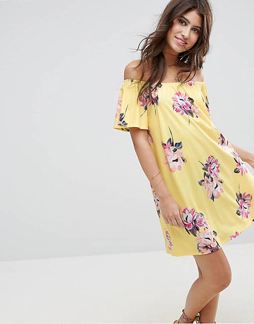 ASOS Off Shoulder Mini Dress In Yellow Floral