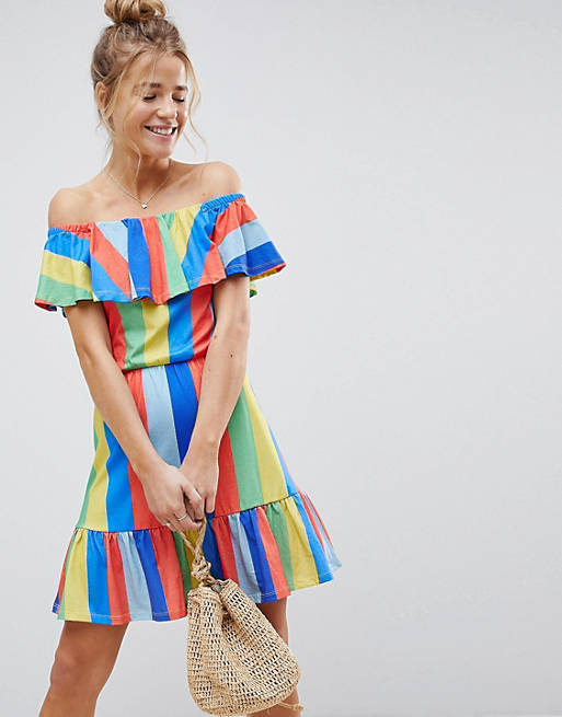 ASOS Off Shoulder Sundress With Tiered Skirt In Rainbow Stripe