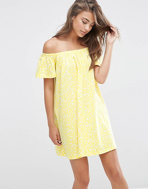 ASOS Off Shoulder Swing Sundress In Yellow Ditsy Print