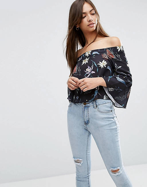 ASOS Off Shoulder With Ruffle Sleeve Top in Dark Floral