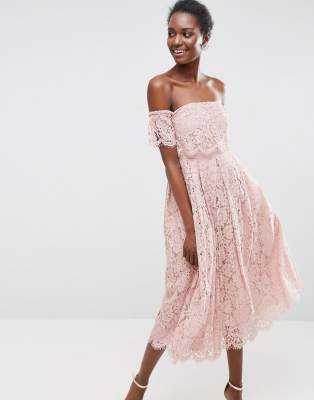 off the shoulder lace midi dress