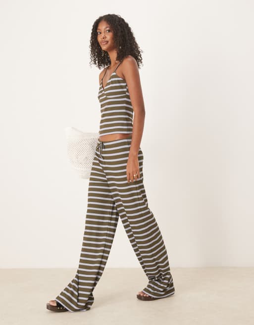 ASOS – Olivgröna, randiga byxor med vida ben och medelhög midja, del av set, 3 av 5