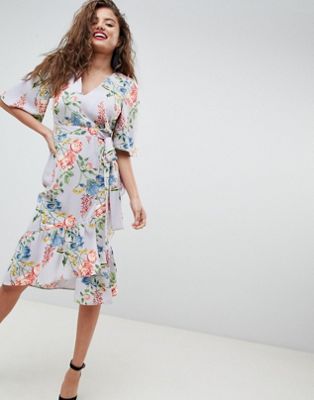 ASOS omlott midiklänning i blommigt tryck med kimonoärm-Flerfärgad