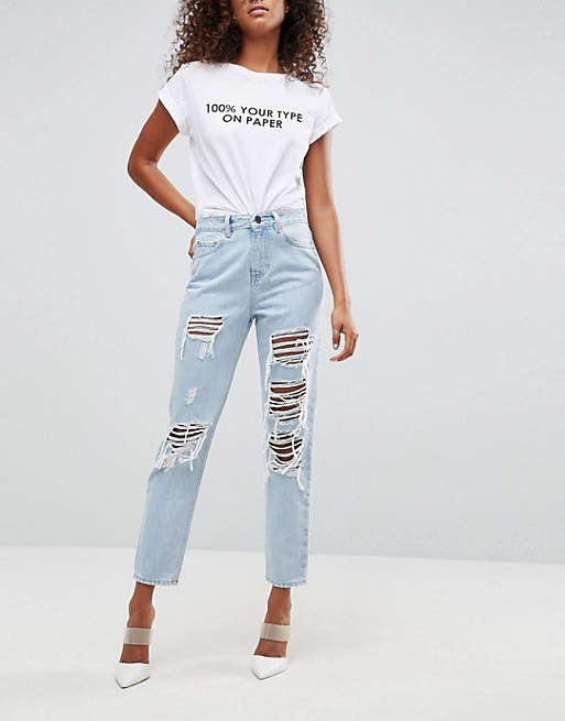 ASOS ORIGINAL MOM Jeans in Dex Aged Wash with Rips and Busts