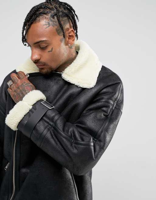 ASOS – Oversize-Bikerjacke aus Lammfell in Schwarz ASOS