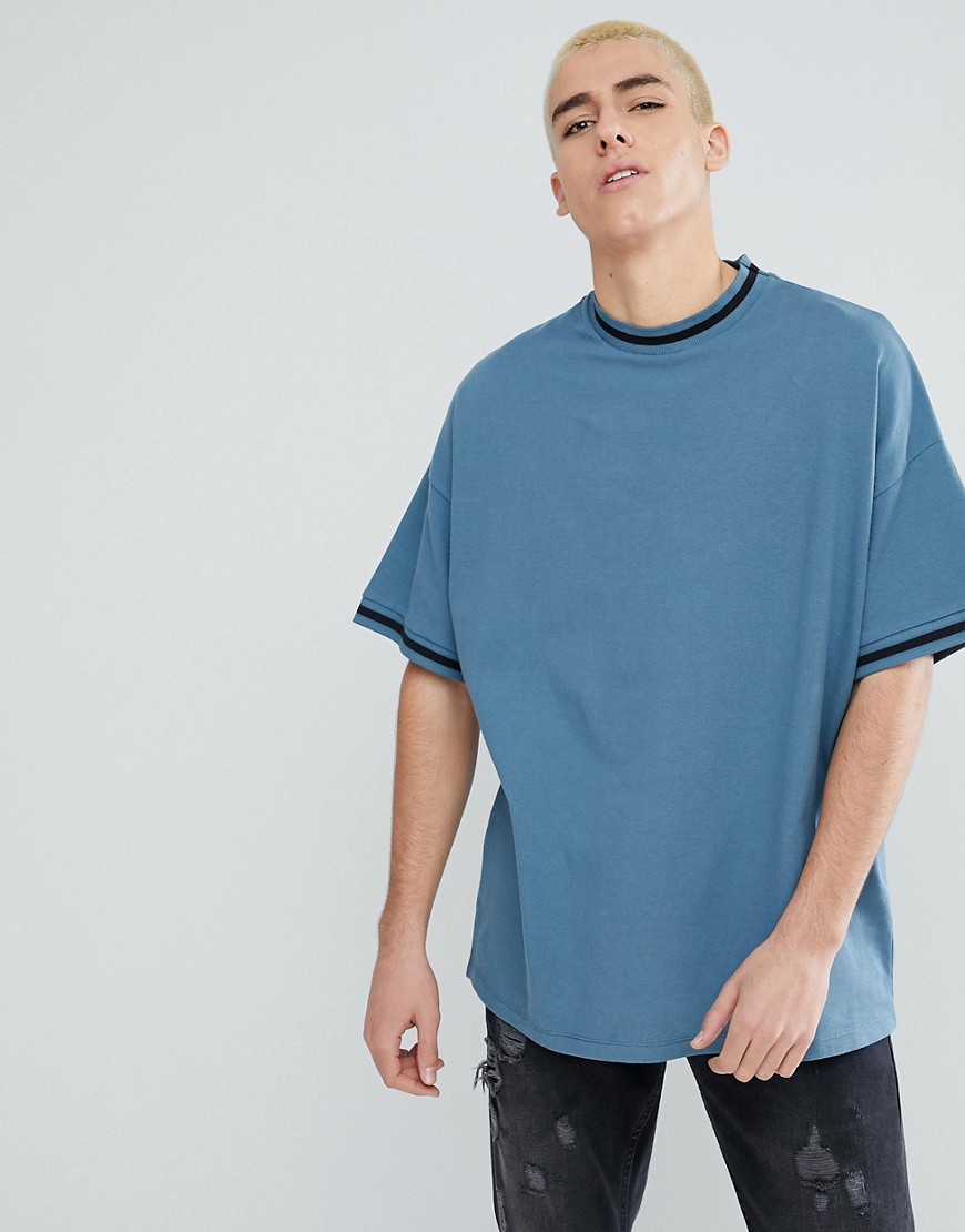Asos Design – Oversize-T-Shirt Aus Pikee Mit Kontraststreifen- Mehrfarbig XS