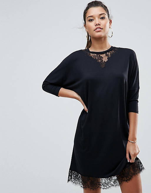 ASOS Oversize T-Shirt Dress with Batwing Sleeve and Lace Inserts | ASOS