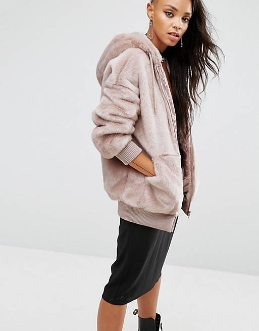 ASOS Oversized Bomber Jacket with Hood in Faux Fur | ASOS