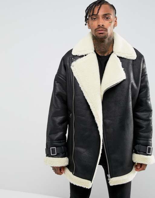 ASOS Oversized Faux Shearling Biker Jacket in Black | ASOS