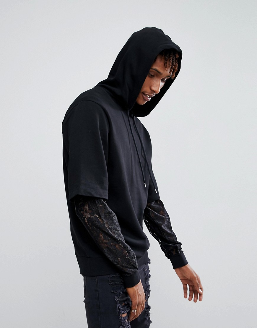ASOS Oversized hoodie met kanten mouwen met dubbele laag-Zwart
