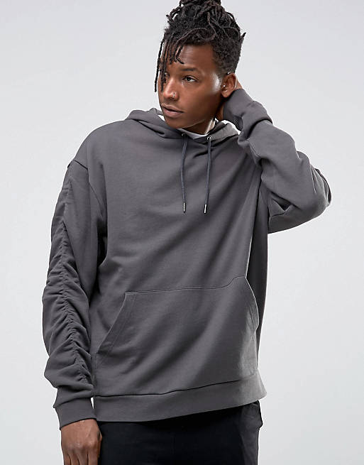 ASOS Oversized Hoodie With Ruched Sleeve In Gray | ASOS