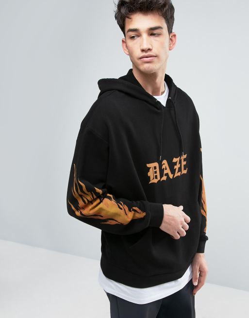 ASOS Oversized Hoodie With T Shirt Hem Flame Print