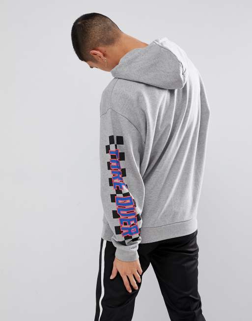 Hoodie with text on sales sleeves