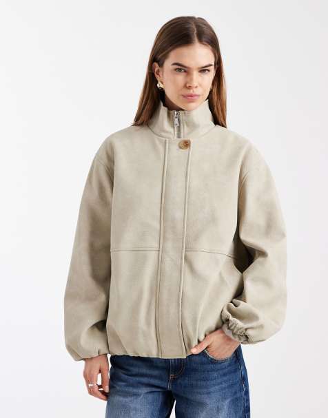 ASOS oversized leather look bubble hem funnel neck jacket in stone - view 1