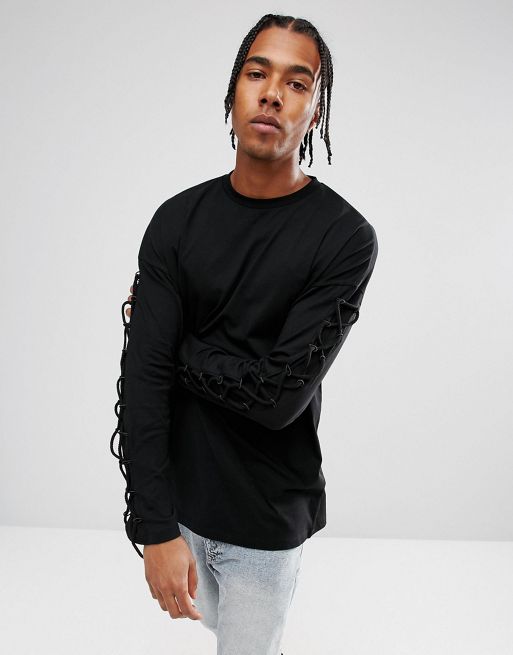 ASOS Oversized Long Sleeve T-Shirt In Black With Lace Up Sleeves