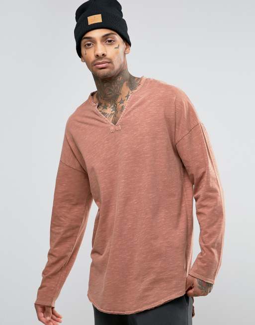 ASOS Oversized Longline Long Sleeve T-Shirt In Textured Fabric With Grandad Collar