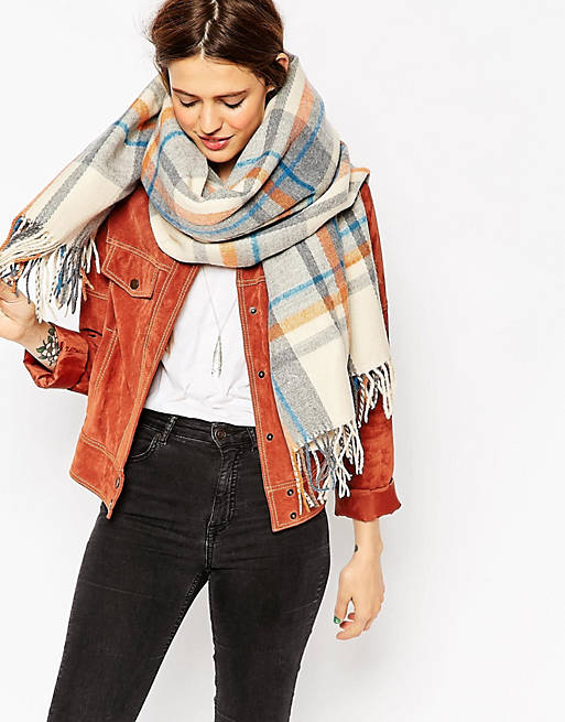 ASOS Oversized Scarf In Orange & Blues Check With Tassels