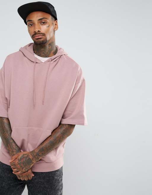 ASOS Short Sleeve Hoodie With Curved Hem in Pink for Men