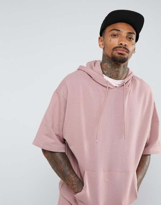 ASOS Short Sleeve Hoodie With Curved Hem in Pink for Men