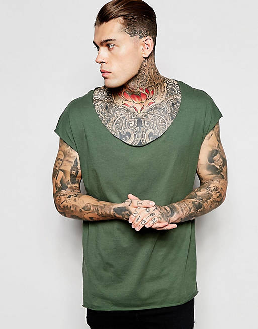 ASOS Oversized Sleeveless T-Shirt In Raw Edge With Scoop Neck In Green ...