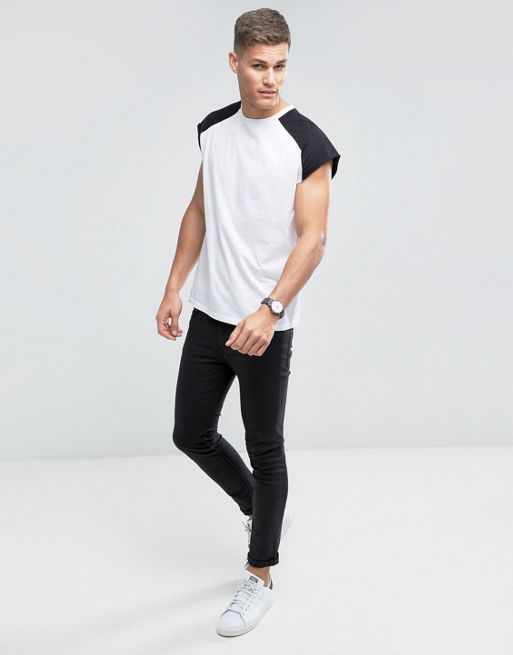 ASOS TALL Sleeveless T-Shirt With Raw Edge And Contrast Raglan In