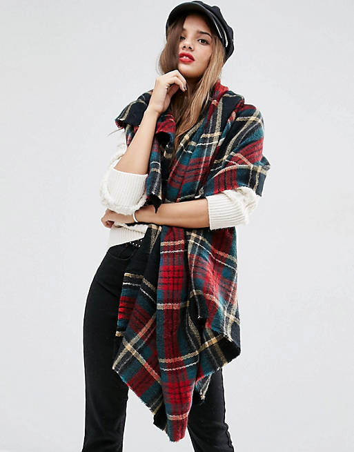 ASOS Oversized Square Scarf in Black Based Plaid  Check