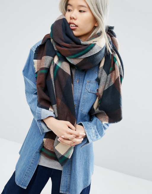 ASOS Oversized Square Scarf in Brown Check Blown up | ASOS