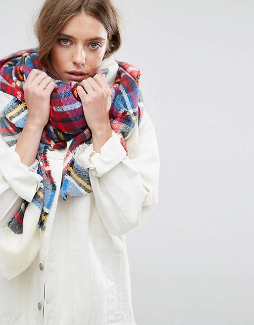 ASOS Oversized Square Scarf In White Based Plaid 