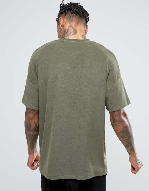 ASOS DESIGN oversized t-shirt in khaki towelling with Boston city print