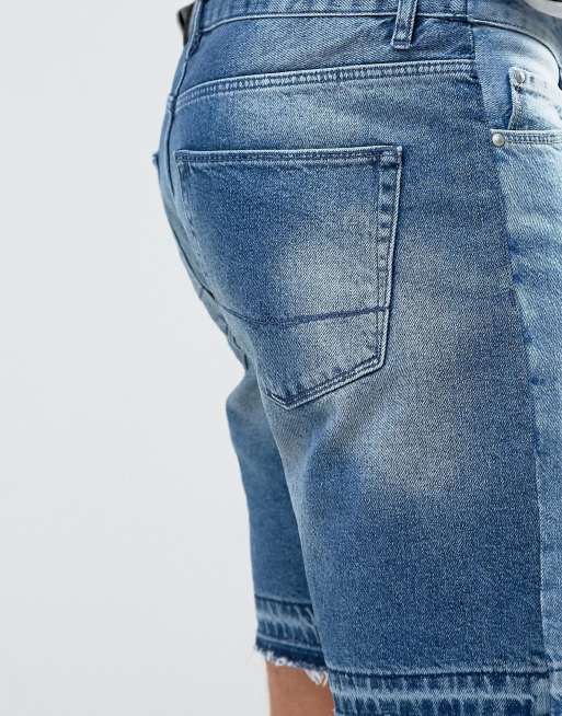 ASOS - Pantaloncini di jeans slim blu medio slavato con dettaglio cut and sew, 3 di 4
