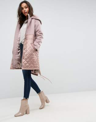 ASOS Parka in Mixed Fabrics-Pink