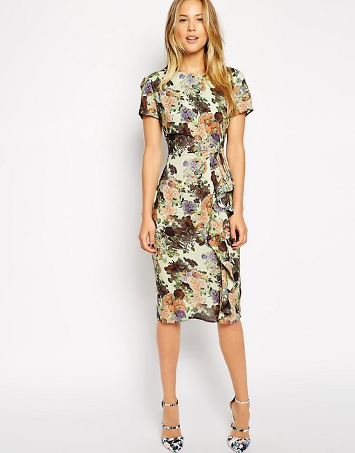 ASOS | ASOS Pencil Dress with Waterfall Detail in Pretty Digital Floral