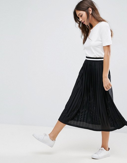 ASOS | ASOS Perforated Pleated Midi Skirt with Sports Tipped Waistband