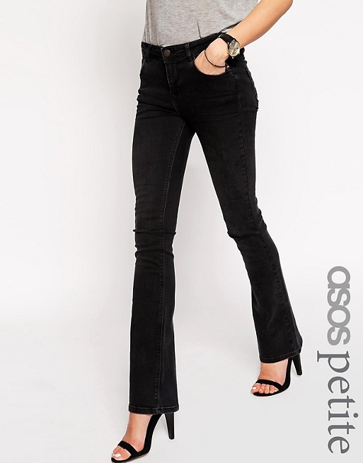 ASOS PETITE Baby Kick Flare Jeans In Washed Black With Ripped Knee