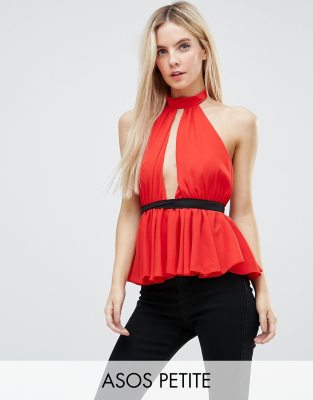 ASOS PETITE Ballet Wrap Top with Pephem-Red