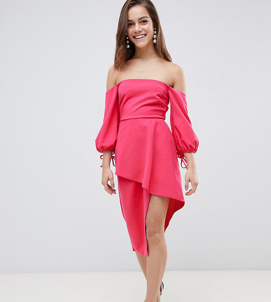 ASOS PETITE Bardot Midi Dress With Tiered Wrap Skirt-Pink